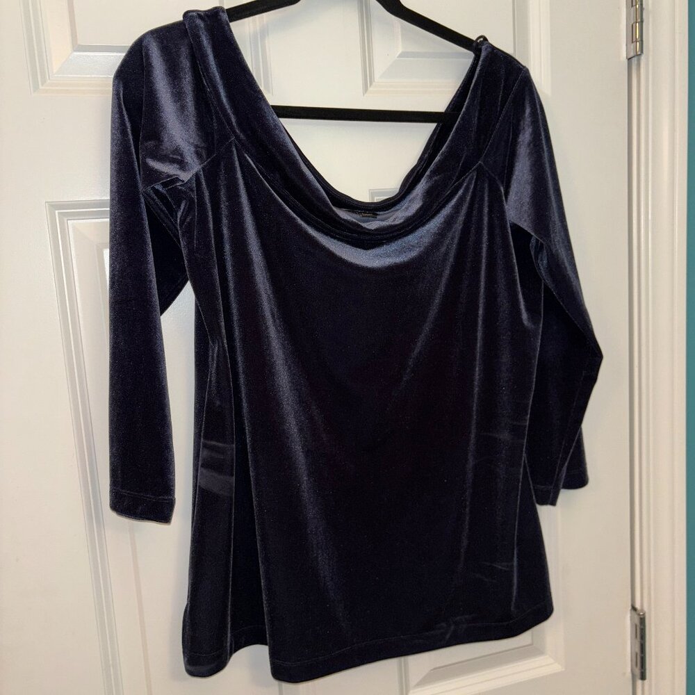 NWT Ann Taylor Factory Navy Blue Stretch Velvet Drape Neck Blouse XL